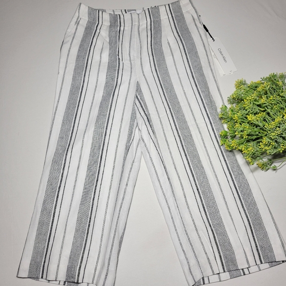Calvin Klein Linen Blend White &Black Striped Wide-Leg Chropped Capri Suit Pants - Picture 2 of 9